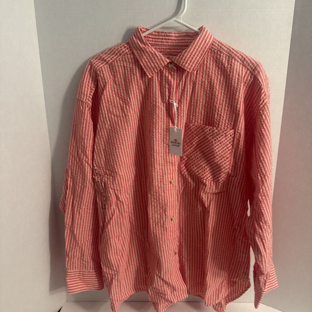 Marine Layer Gracey Oversized Seersucker Shirt Medium Hibiscus/ Sand Stripe NWT